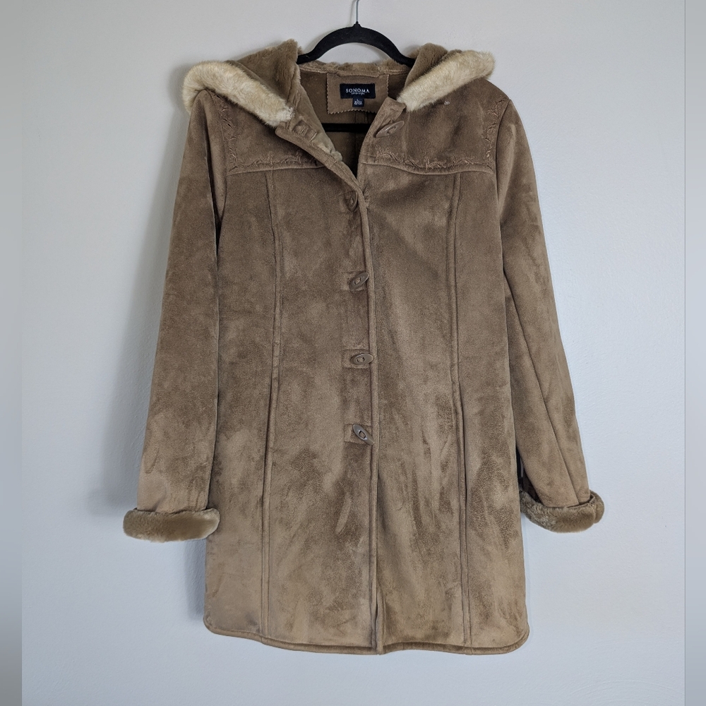 L Sonoma Hooded Toggle Front Faux Suede Penny Lane Coat